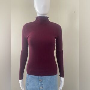 LOFT Maroon Ribbed Ruffled Turtleneck Knit Top Size XS
